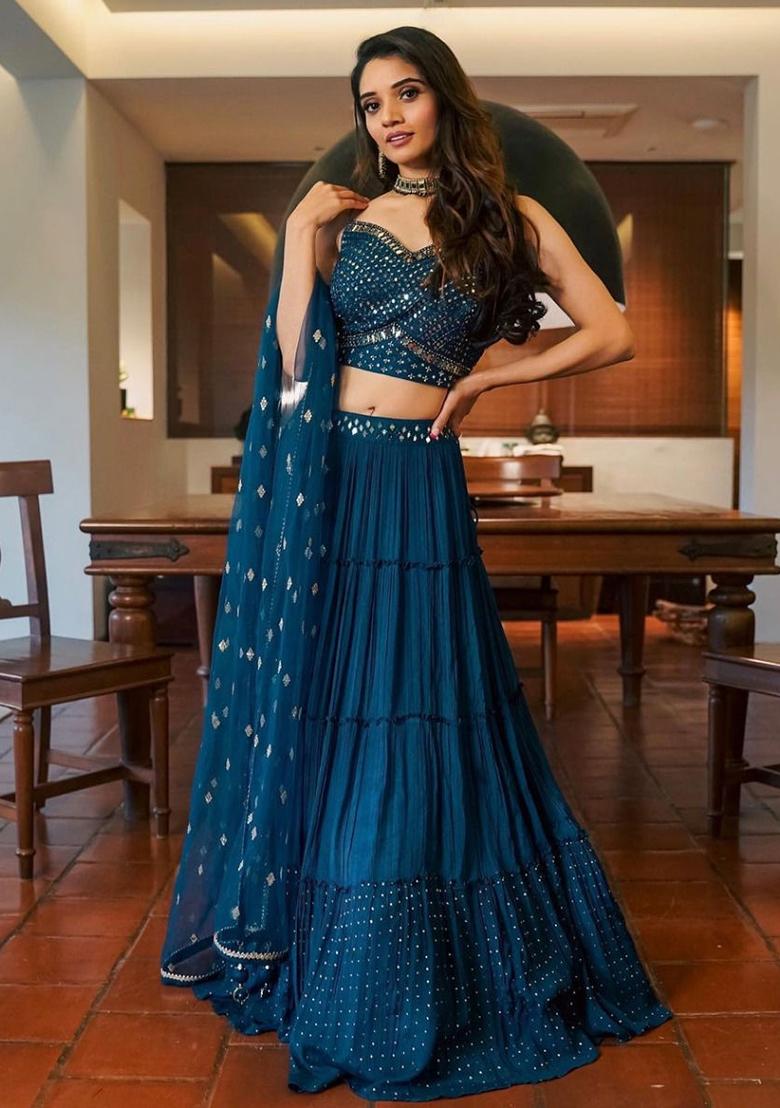 Blue Sequins Embroidery Work Georgette Lehenga Set - Indya