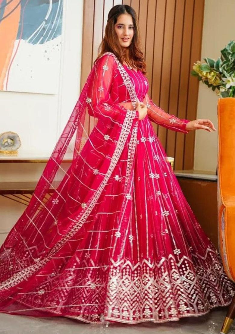 Pink Sequins Embroidery Work Net Lehenga Set - Indya