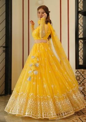 Yellow Sequins Embroidery Work Net Lehenga Set