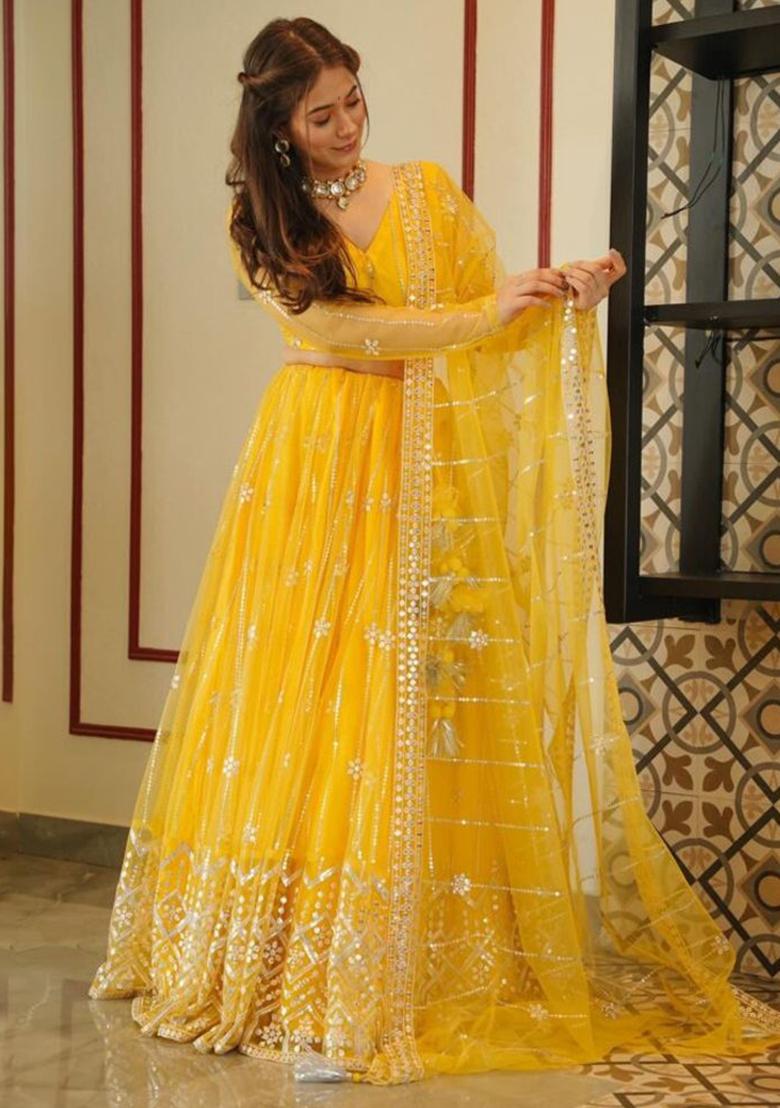 Yellow Sequins Embroidery Work Net Lehenga Set - Indya