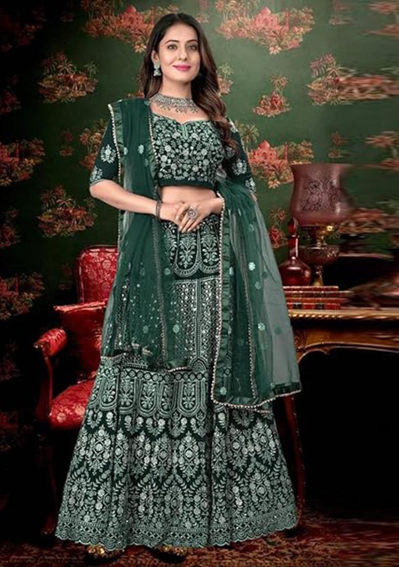 Green Sequins Embroidery Work Georgette Lehenga Set - Indya