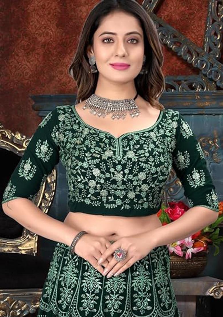 Green Sequins Embroidery Work Georgette Lehenga Set - Indya