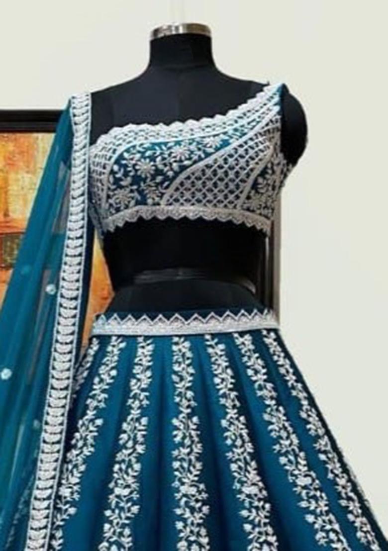 Blue Sequins Embroidery Work Chinnon Lehenga Set - Indya