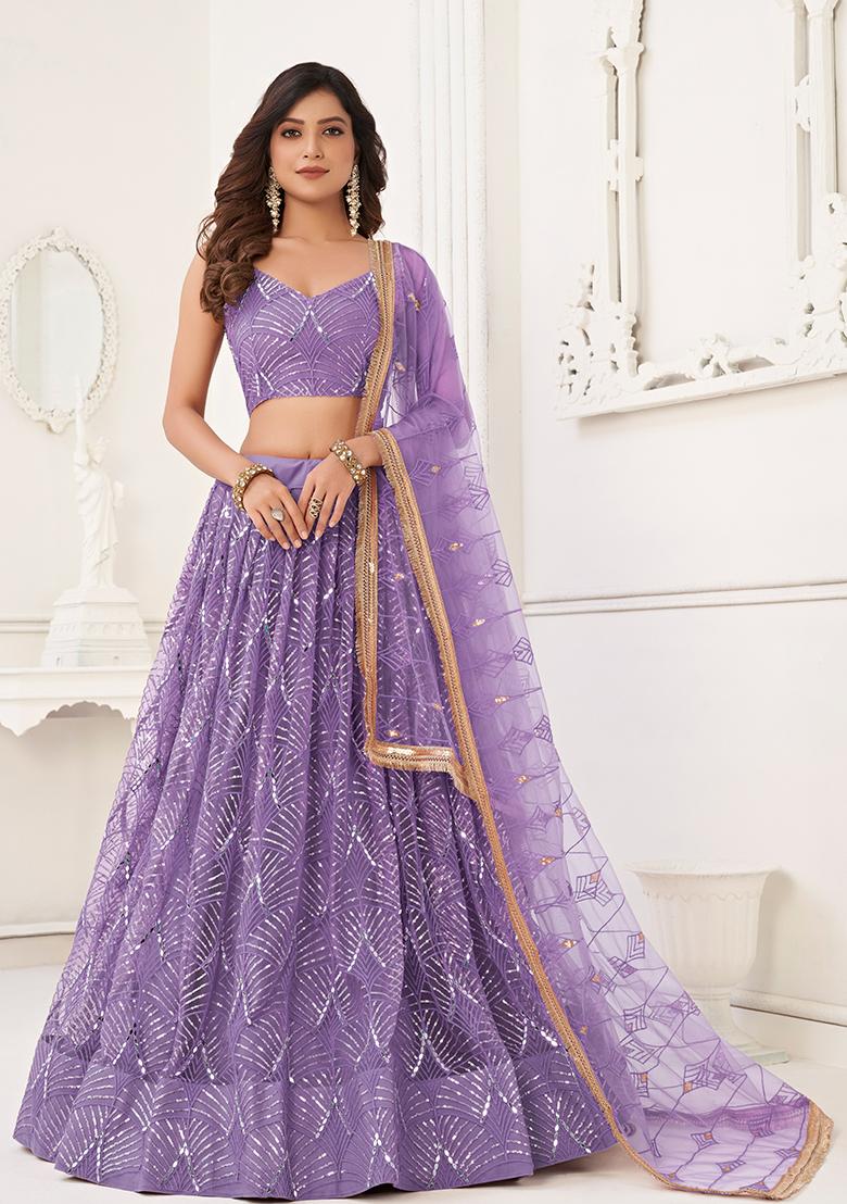 Lavender Thread Embroidered Net Lehenga Set