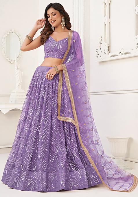 Lavender Thread Embroidered Net Lehenga Set