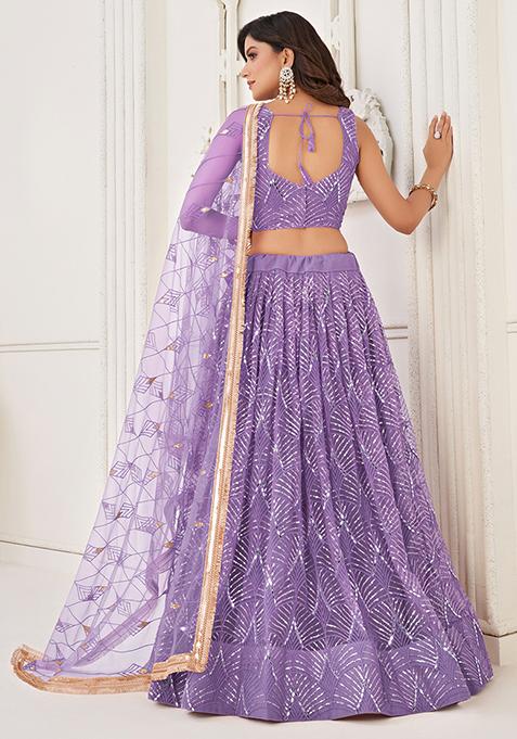 Lavender Thread Embroidered Net Lehenga Set