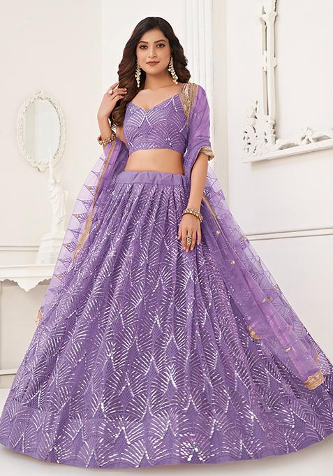 Lavender Thread Embroidered Net Lehenga Set