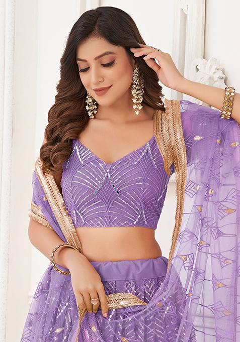 Lavender Thread Embroidered Net Lehenga Set