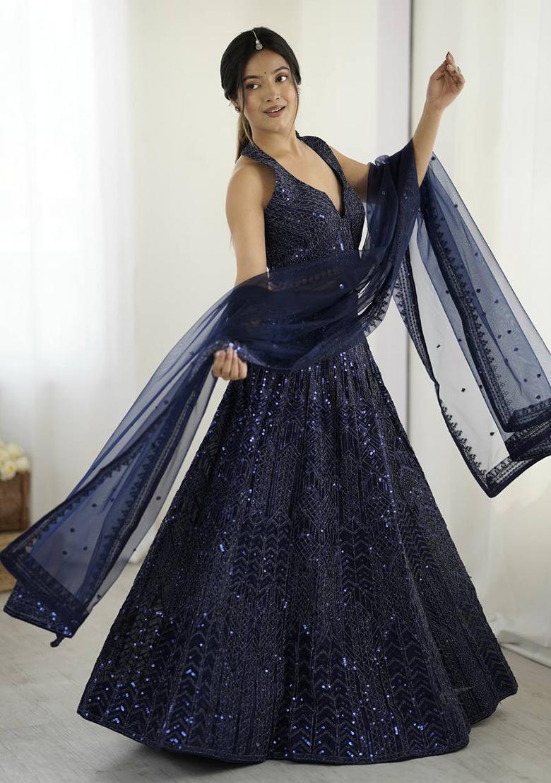 Multi Color Sequins Embroidery Work Net Lehenga Set - Indya