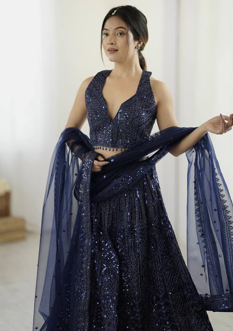 Multi Color Sequins Embroidery Work Net Lehenga Set - Indya