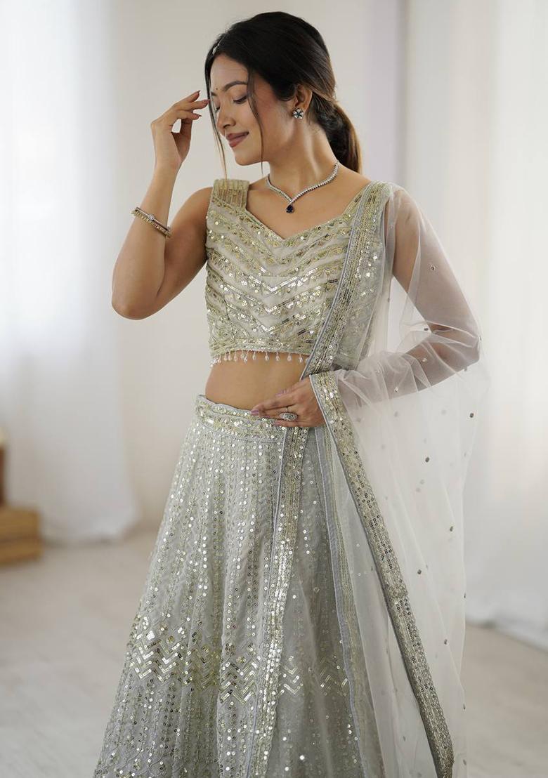 Multi Color Sequins Embroidery Work Georgette Lehenga Set - Indya