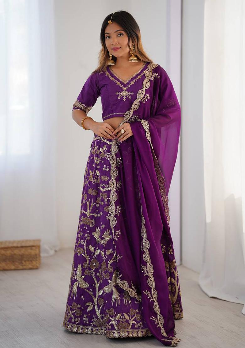 Multi Color Sequins Embroidery Work Silk Lehenga Set - Indya