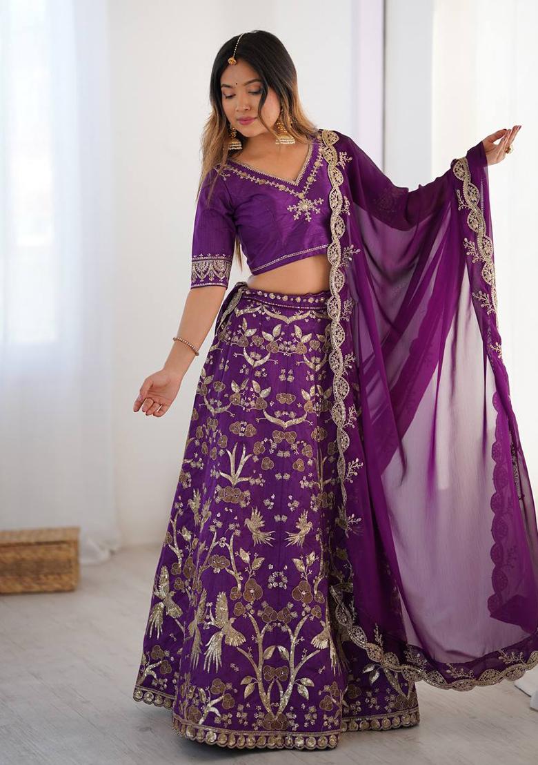 Multi Color Sequins Embroidery Work Silk Lehenga Set - Indya
