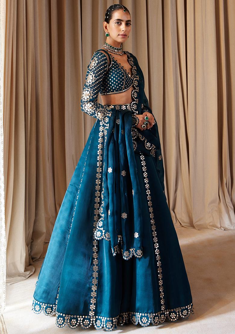Multi Color Sequins Embroidery Work Silk Lehenga Set - Indya