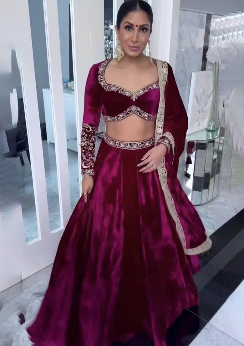 Multi Color Sequins Embroidery Work Velvet Lehenga Set - Indya