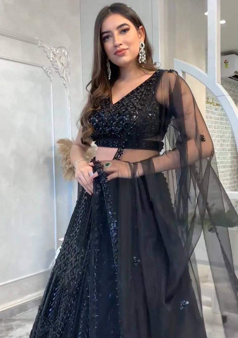 Multi Color Sequins Embroidery Work Net Lehenga Set - Indya