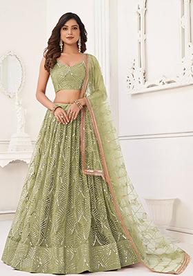 Pista Green Thread Embroidered Net Lehenga Set