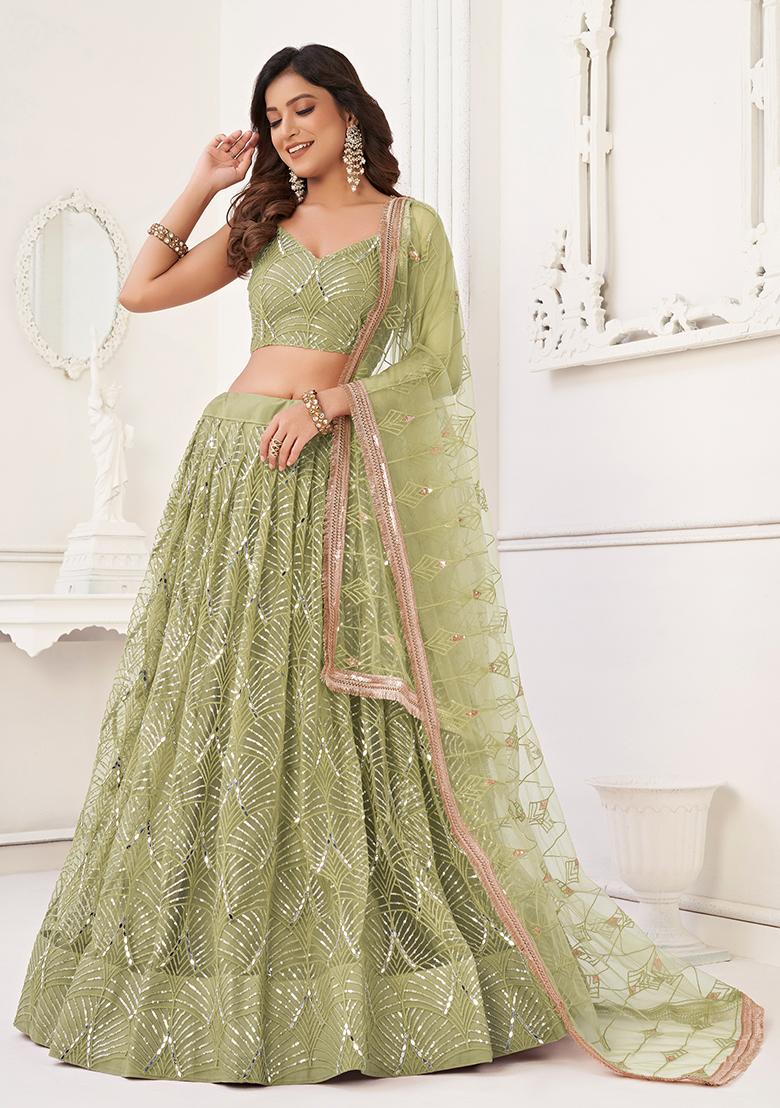 Pista Green Thread Embroidered Net Lehenga Set