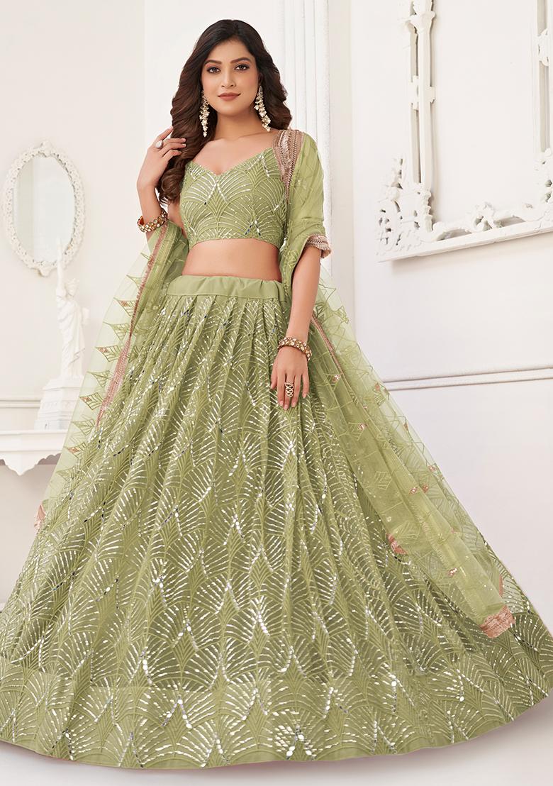 Pista Green Thread Embroidered Net Lehenga Set