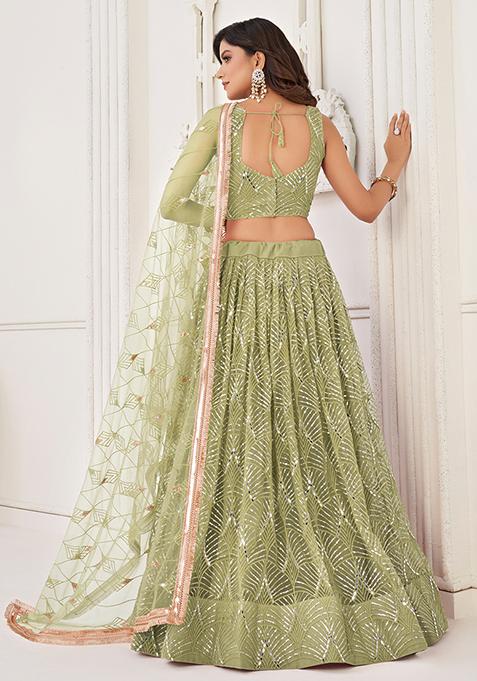 Pista Green Thread Embroidered Net Lehenga Set