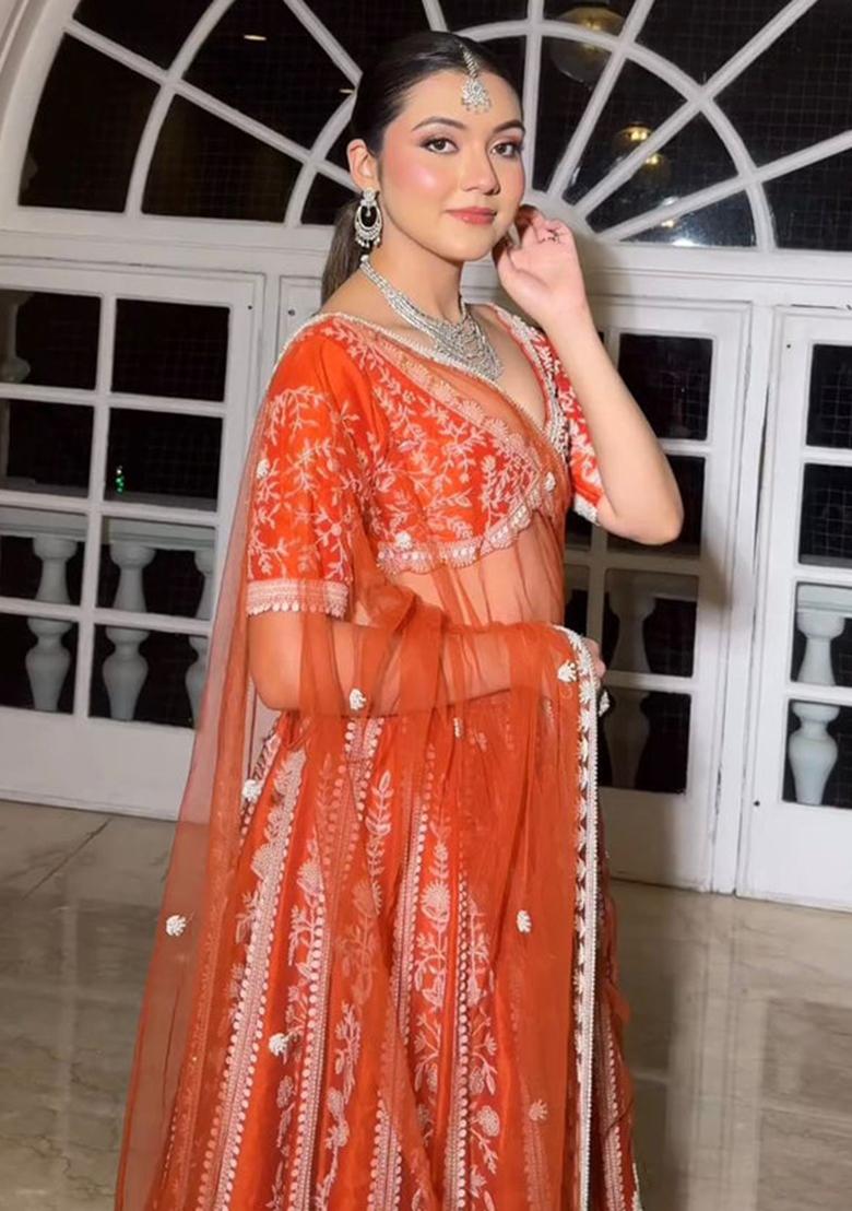 Multi Color Sequins Embroidery Work Silk Lehenga Set - Indya