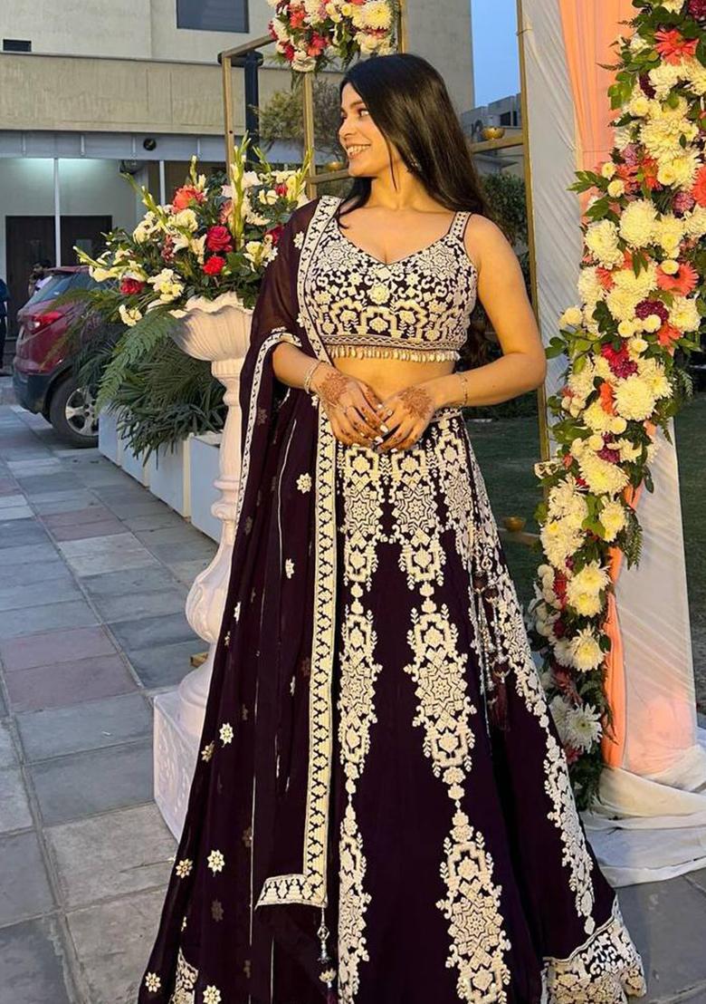 Multi Color Sequins Embroidery Work Silk Lehenga Set - Indya