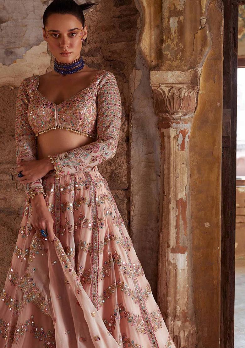 Multi Color Sequins Embroidery Work Georgette Lehenga Set - Indya