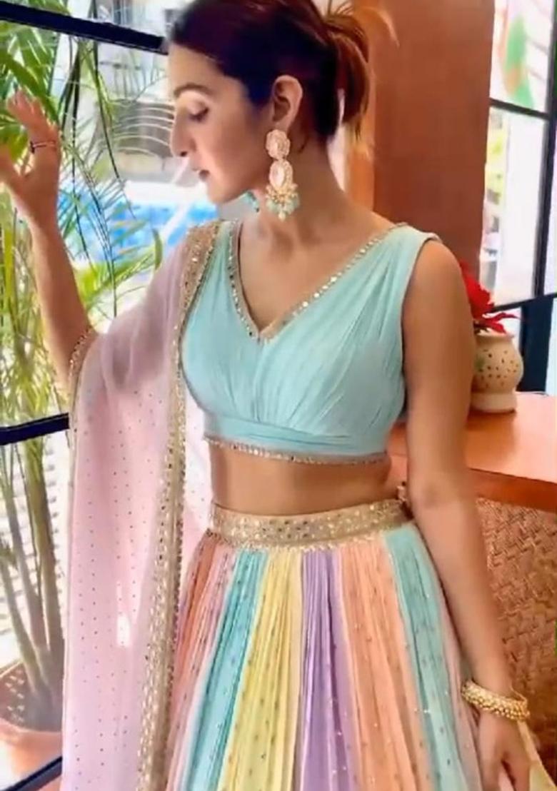 Multi Color Sequins Embroidery Work Silk Lehenga Set - Indya