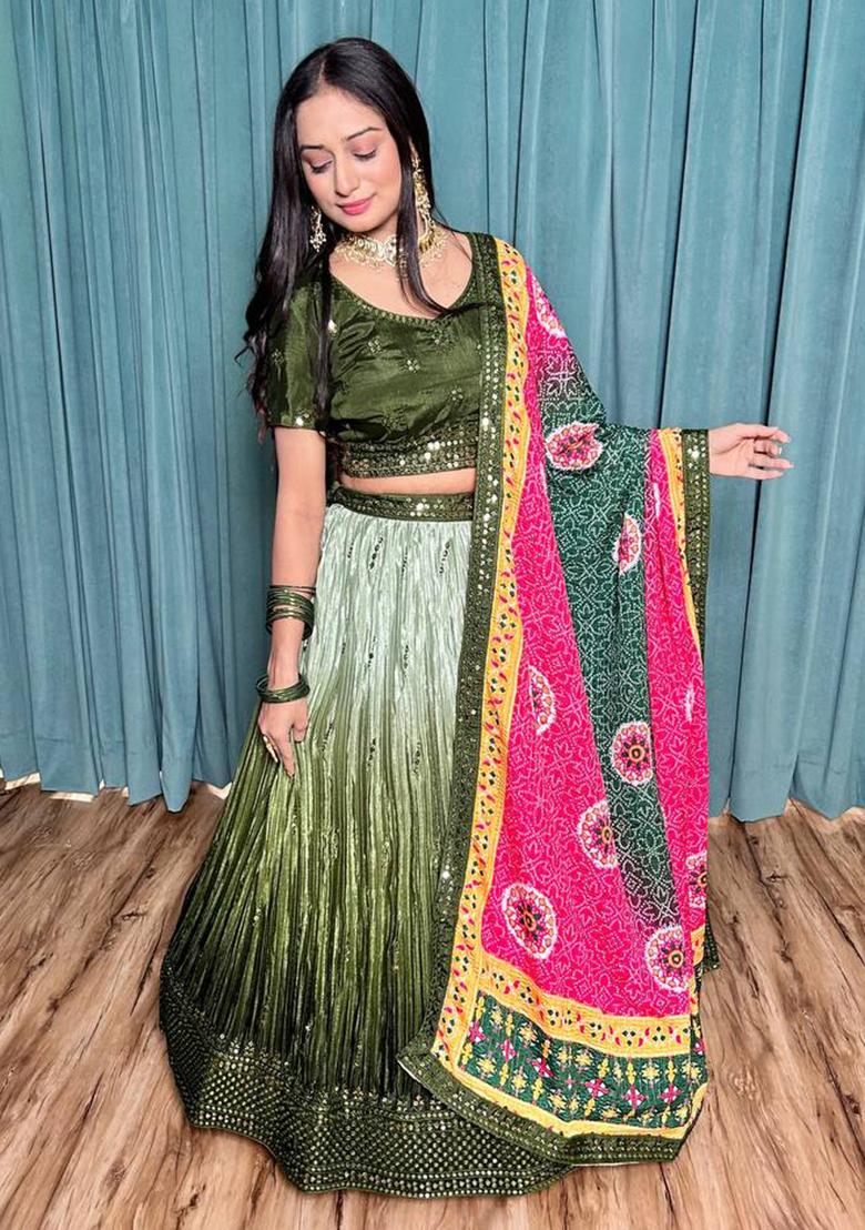 Multi Color Sequins Embroidery Work Silk Lehenga Set - Indya