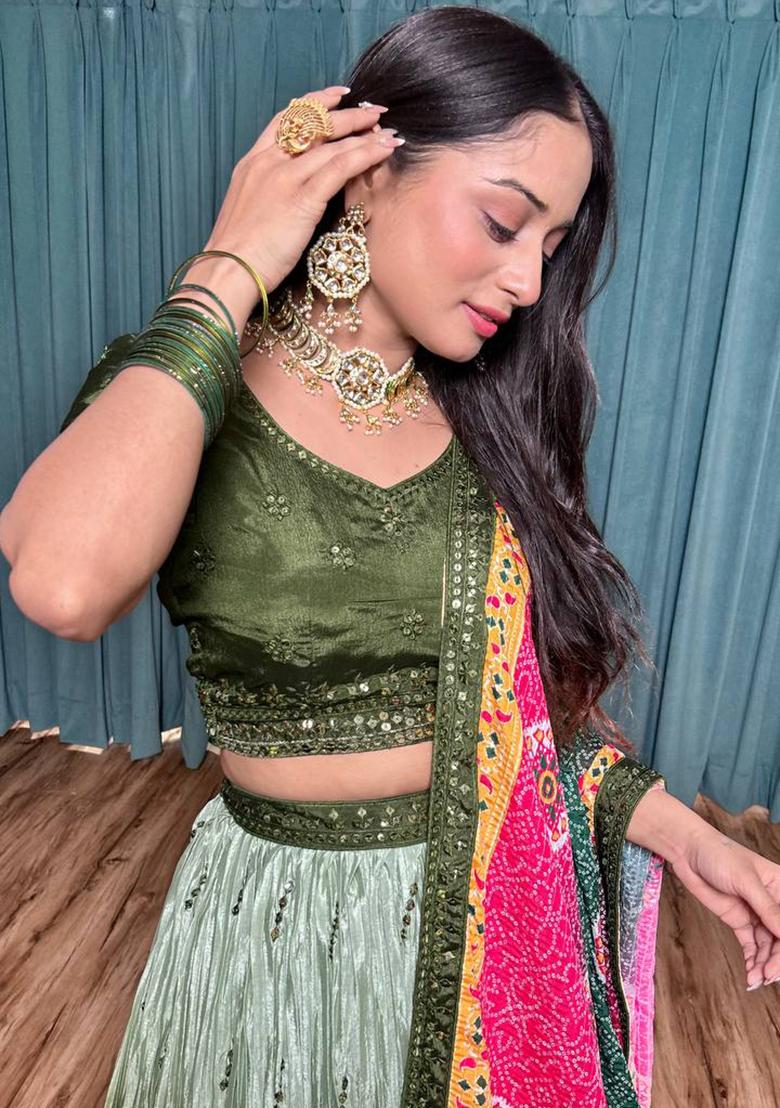 Multi Color Sequins Embroidery Work Silk Lehenga Set - Indya