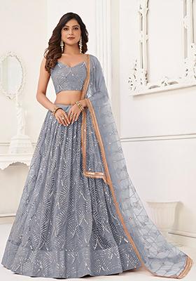 Light Grey Thread Embroidered Net Lehenga Set