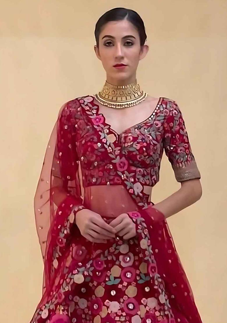 Multi Color Sequins Embroidery Work Velvet Lehenga Set - Indya