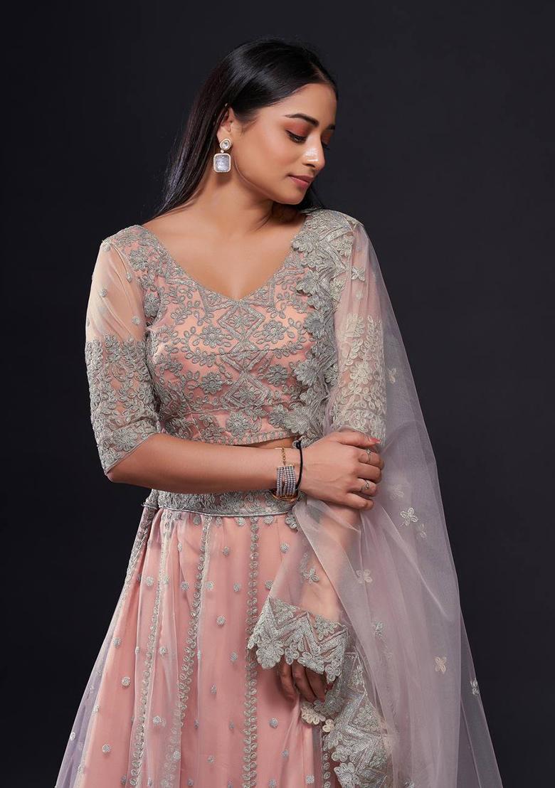 Multi Color Sequins Embroidery Work Net Lehenga Set - Indya