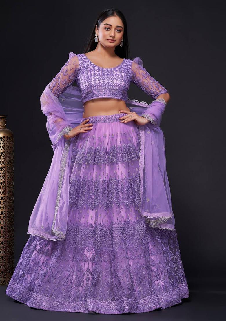 Multi Color Sequins Embroidery Work Net Lehenga Set - Indya