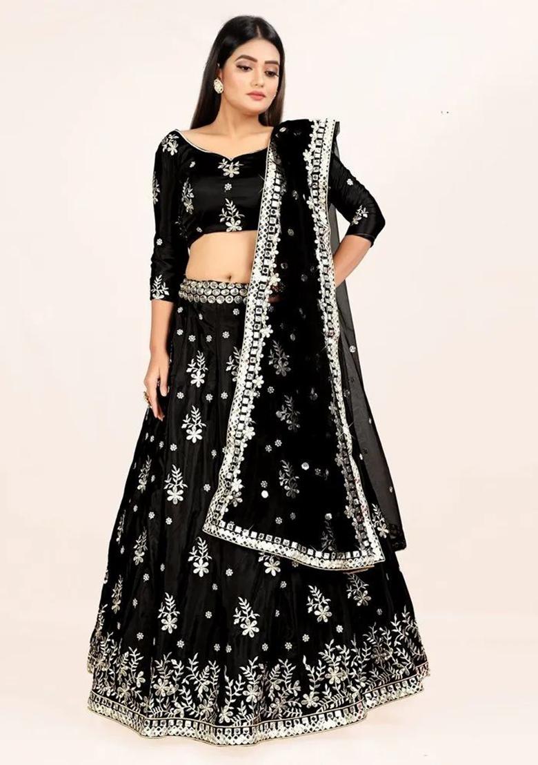 Black Sequins Embroidery Work Silk Lehenga Set - Indya