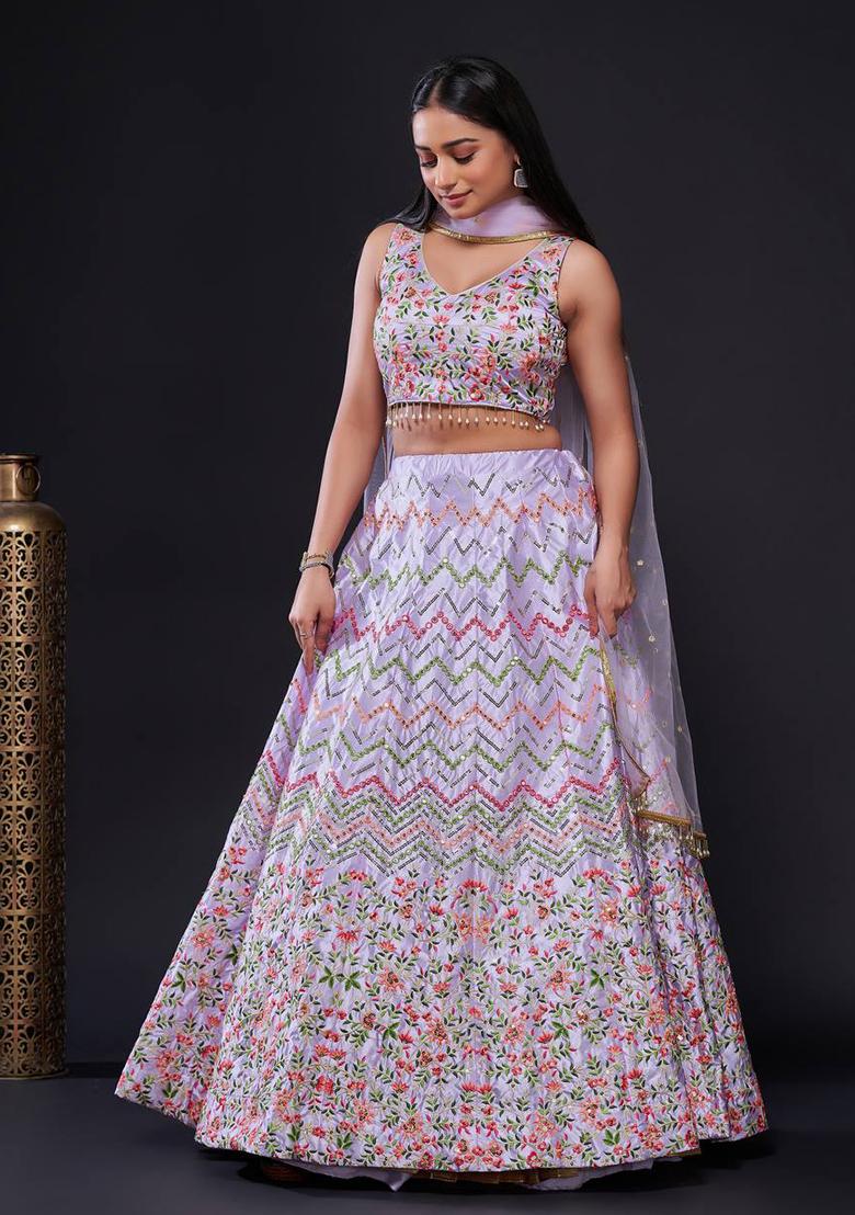 Multi Color Sequins Embroidery Work Silk Lehenga Set - Indya