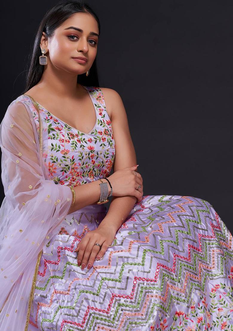Multi Color Sequins Embroidery Work Silk Lehenga Set - Indya