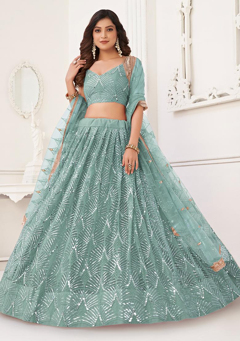 Ocean Blue Thread Embroidered Net Lehenga Set - Indya