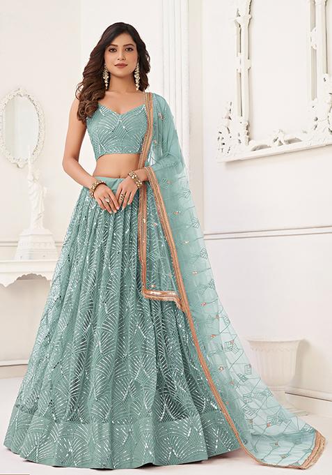 Ocean Blue Thread Embroidered Net Lehenga Set