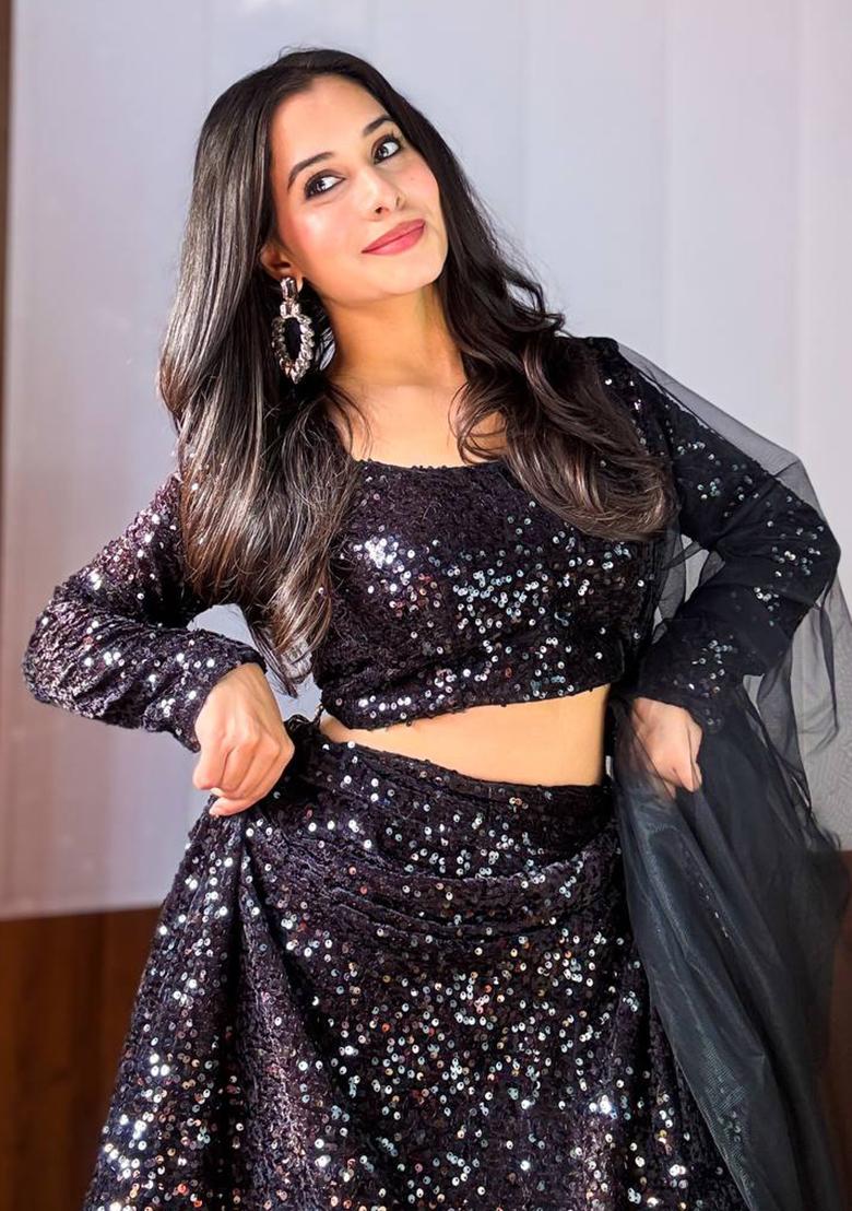 Multi Color Sequins Embroidery Work Velvet Lehenga Set - Indya