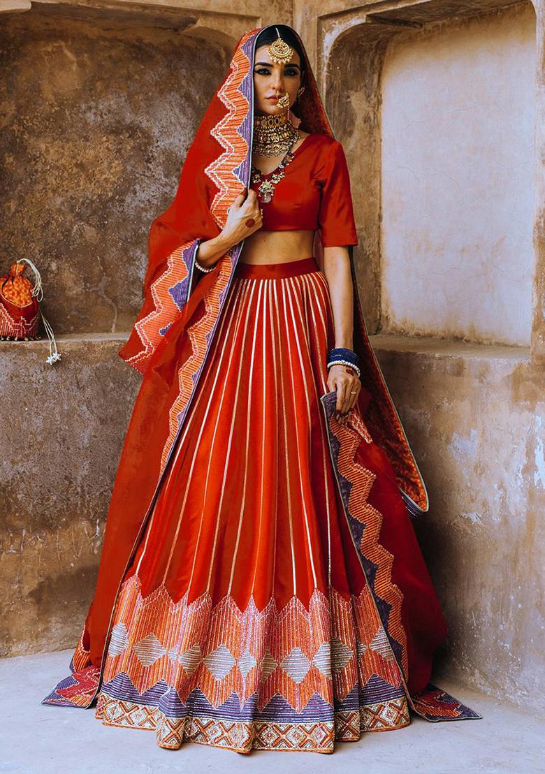 Multi Color Sequins Embroidery Work Satin Lehenga Set - Indya