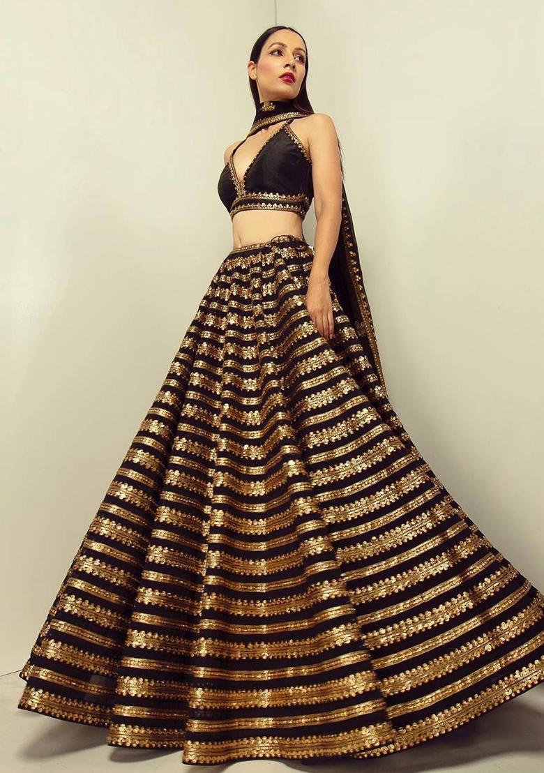 Multi Color Sequins Embroidery Work Silk Lehenga Set - Indya