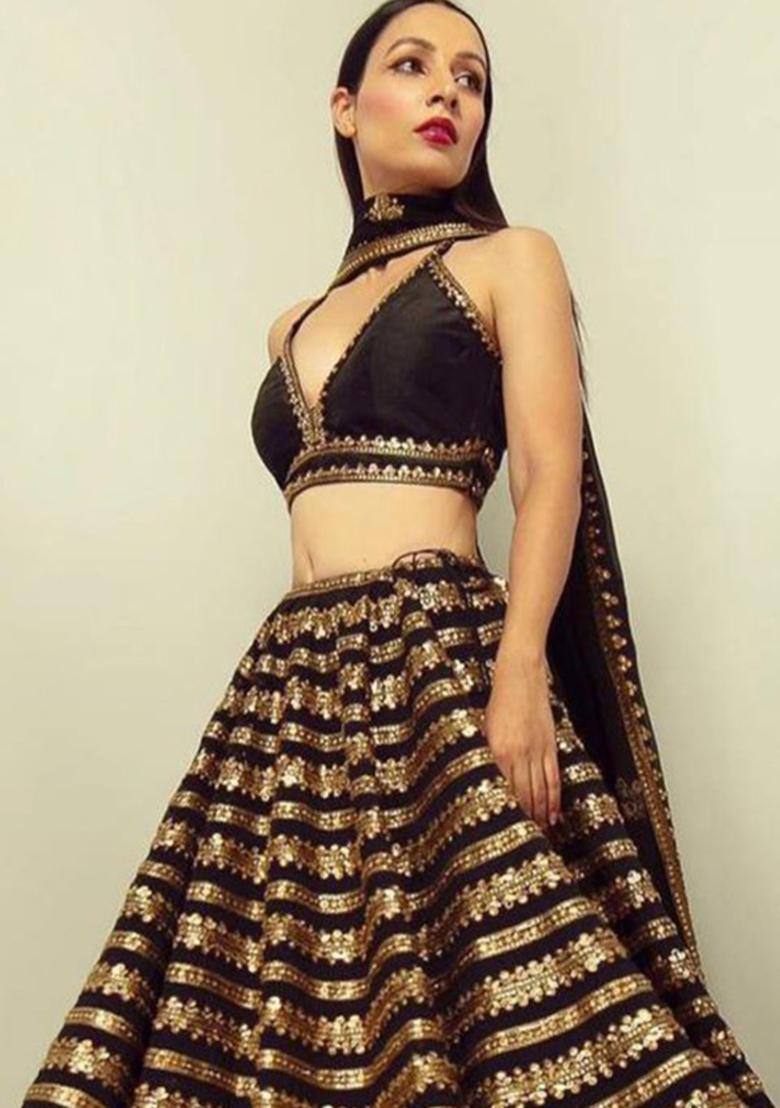 Multi Color Sequins Embroidery Work Silk Lehenga Set - Indya