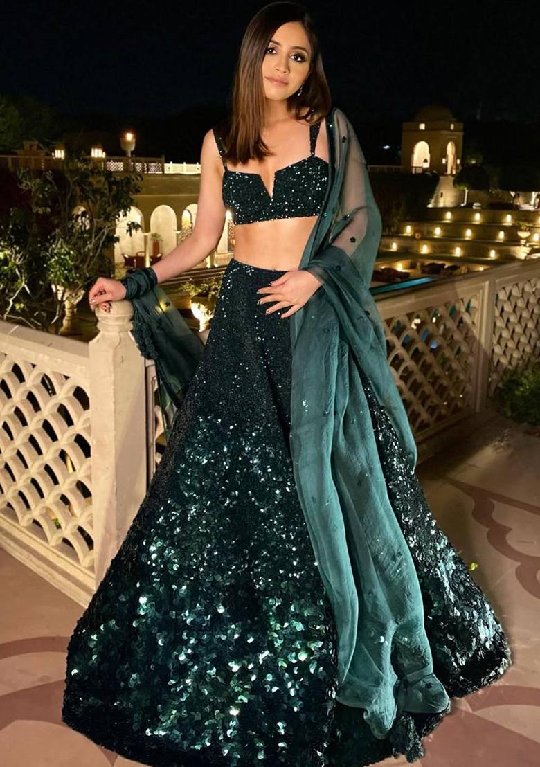 Multi Color Sequins Embroidery Work Georgette Lehenga Set - Indya