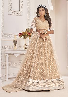 Dusty Chiku Brown Thread Embroidered Net Lehenga Set