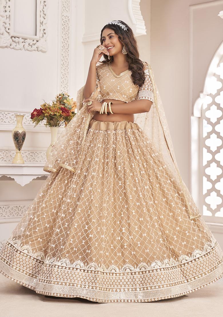 Dusty Chiku Brown Thread Embroidered Net Lehenga Set - Indya