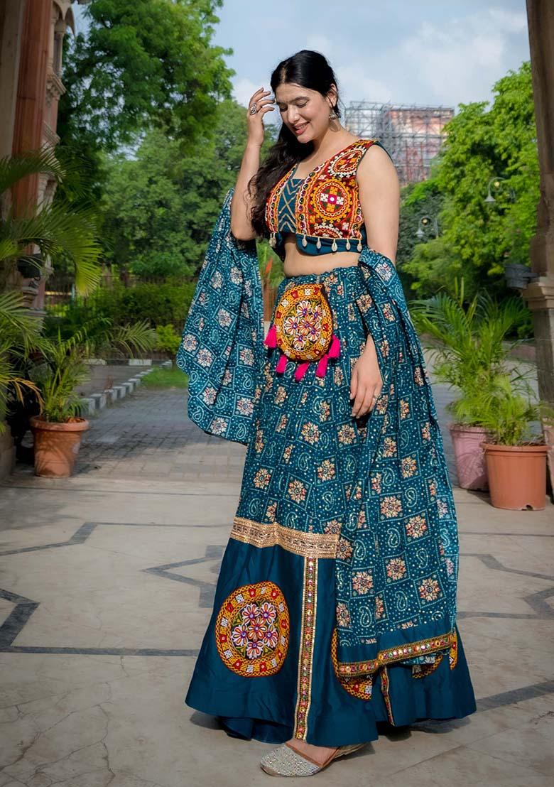 Blue Printed Rayon Lehenga Choli - Indya