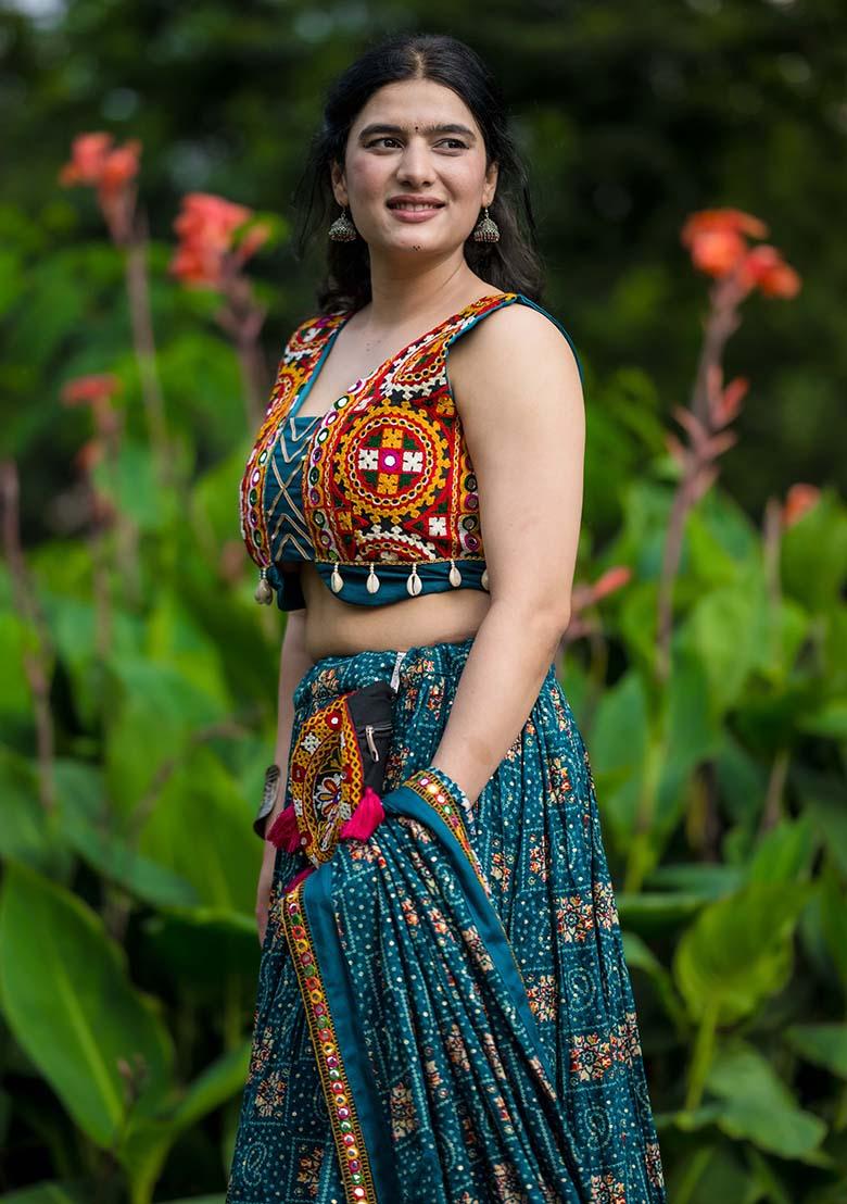 Blue Printed Rayon Lehenga Choli - Indya