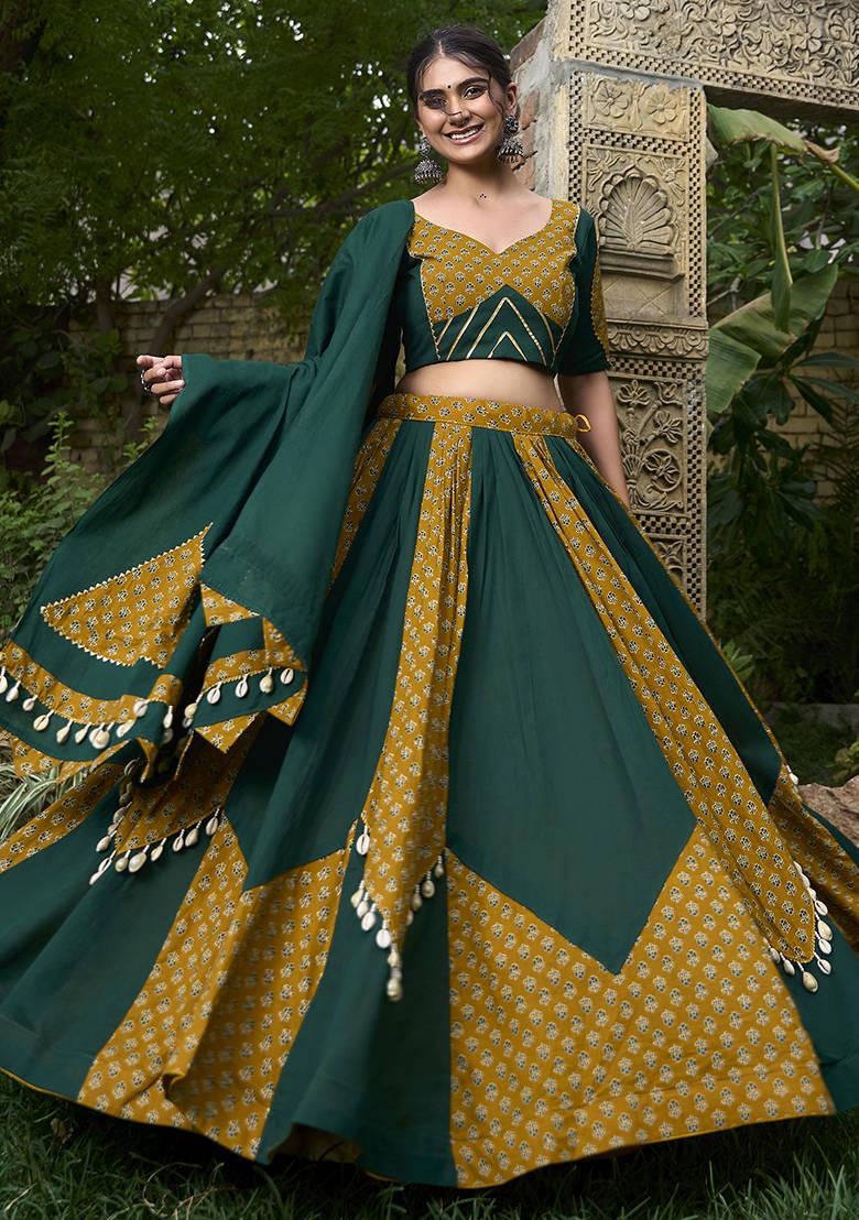 Green Printed Cotton Lehenga Choli - Indya