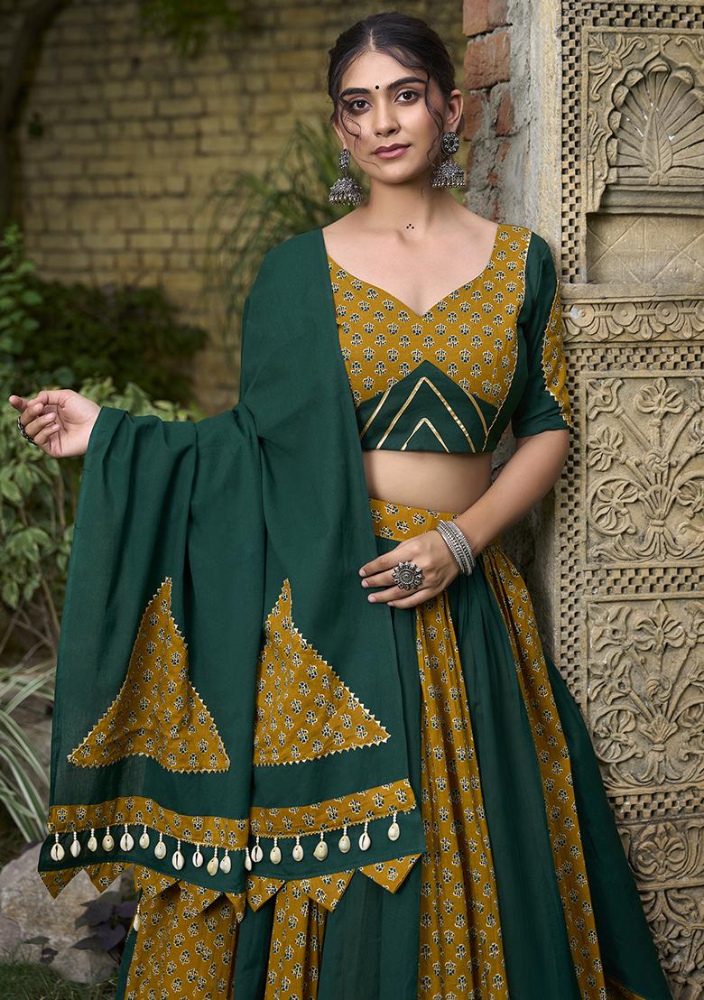 Green Printed Cotton Lehenga Choli - Indya